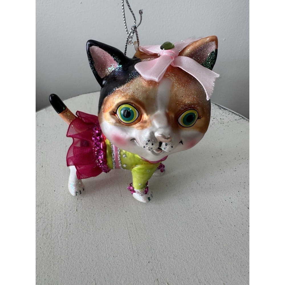 Calico glass cat kitten ornament Xmas dress